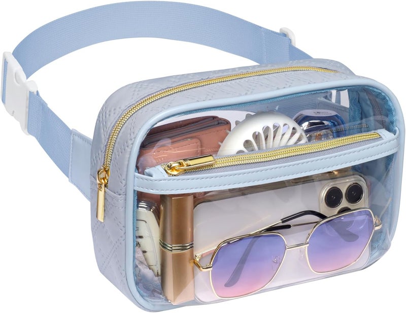 Packism Clear Fanny Pack for Women - Plus Size Wiast Range 35" - 51" Clear Belt Bag Stadium Approved PVC & Quilted Cotton Transparent Waist Bag for Sports & Concerts, Dusty Blue - Image 1